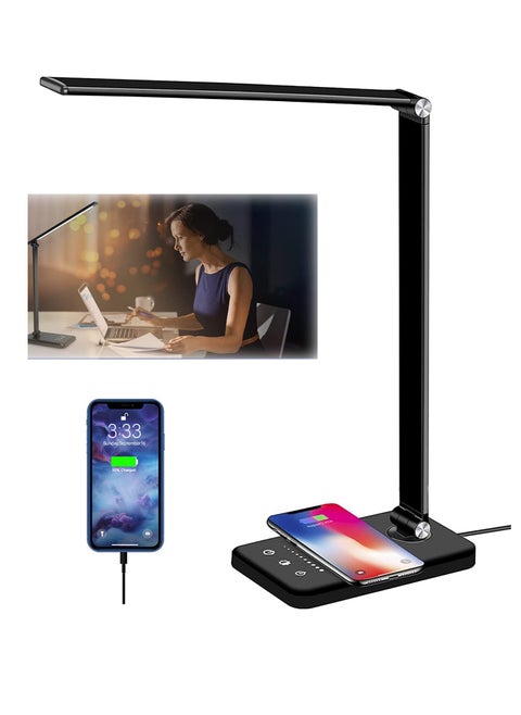 LED Desk Lamp with Wireless Charger, USB Charging Port, 5 Brightness Levels, 5 Lighting Modes, Touch Control, 3060 min Auto Timer, Eye Caring Office Lamp with Adapter Black