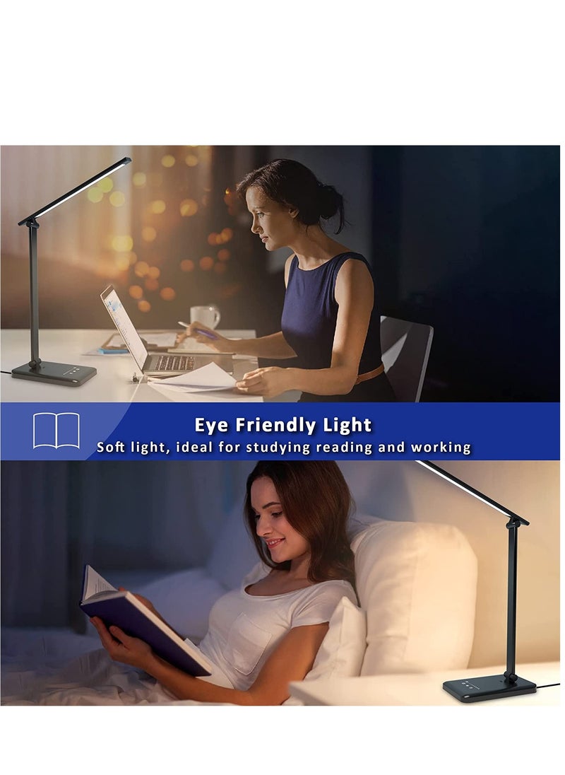 LED Desk Lamp with Wireless Charger, USB Charging Port, 5 Brightness Levels, 5 Lighting Modes, Touch Control, 3060 min Auto Timer, Eye Caring Office Lamp with Adapter Black
