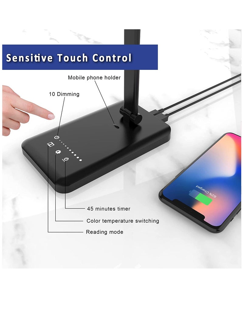 LED Desk Lamp with Wireless Charger, USB Charging Port, 5 Brightness Levels, 5 Lighting Modes, Touch Control, 3060 min Auto Timer, Eye Caring Office Lamp with Adapter Black