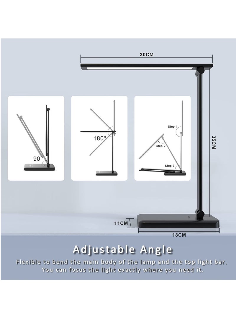 LED Desk Lamp with Wireless Charger, USB Charging Port, 5 Brightness Levels, 5 Lighting Modes, Touch Control, 3060 min Auto Timer, Eye Caring Office Lamp with Adapter Black
