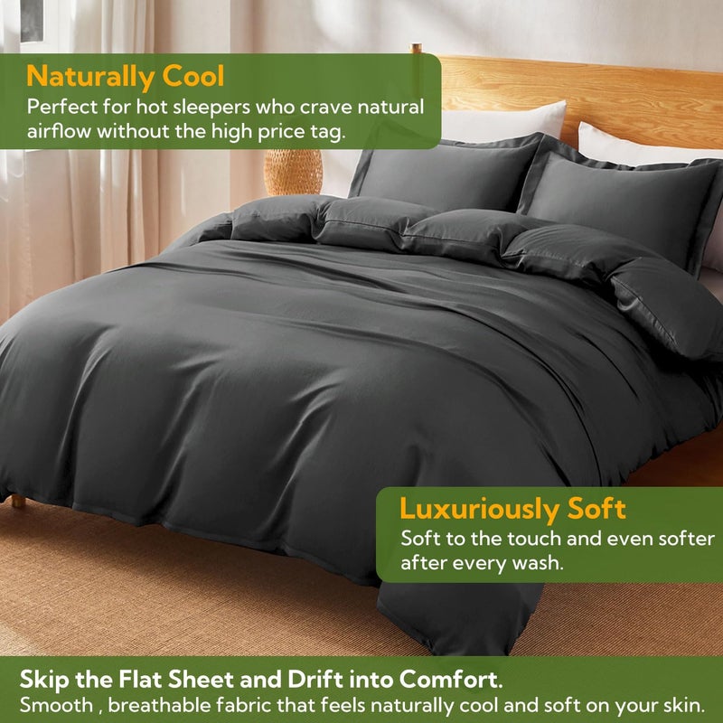 MR&HM Silky Cooling Duvet Cover Queen Size for Hot Sleepers 90"x90", Breathable & Moisture-Wicking Comforter Cover, 3 Pieces Ultra-Soft Bedding Duvet Cover Set with Zipper Closure (Dark Grey) - Image 2