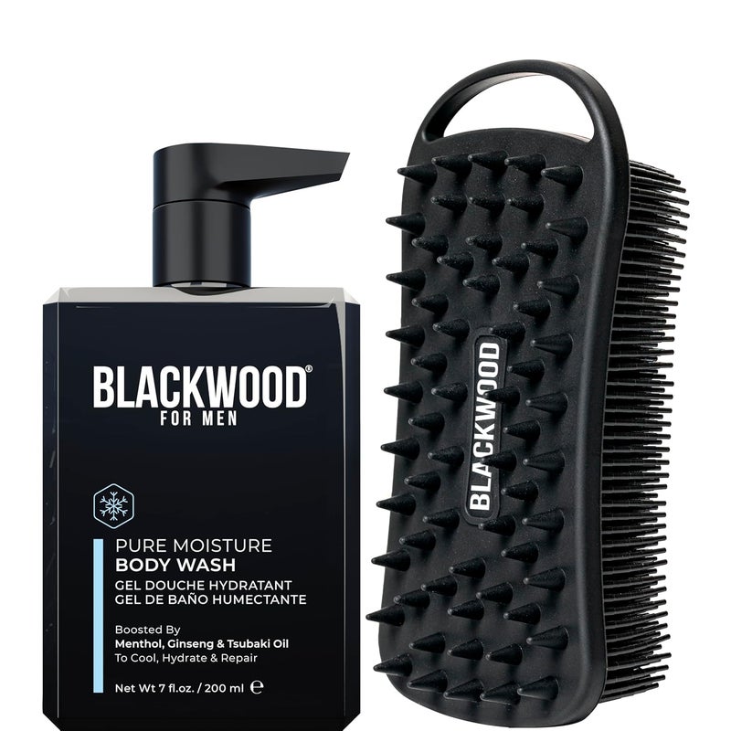 Blackwood For Men Pure Moisture Body Wash 7oz Double Duty Beard Body Scrubber Bundle Natural Vegan Formula for Sensitive Skin and Workout Recovery DualSided Mens Shower Tool - Image 1