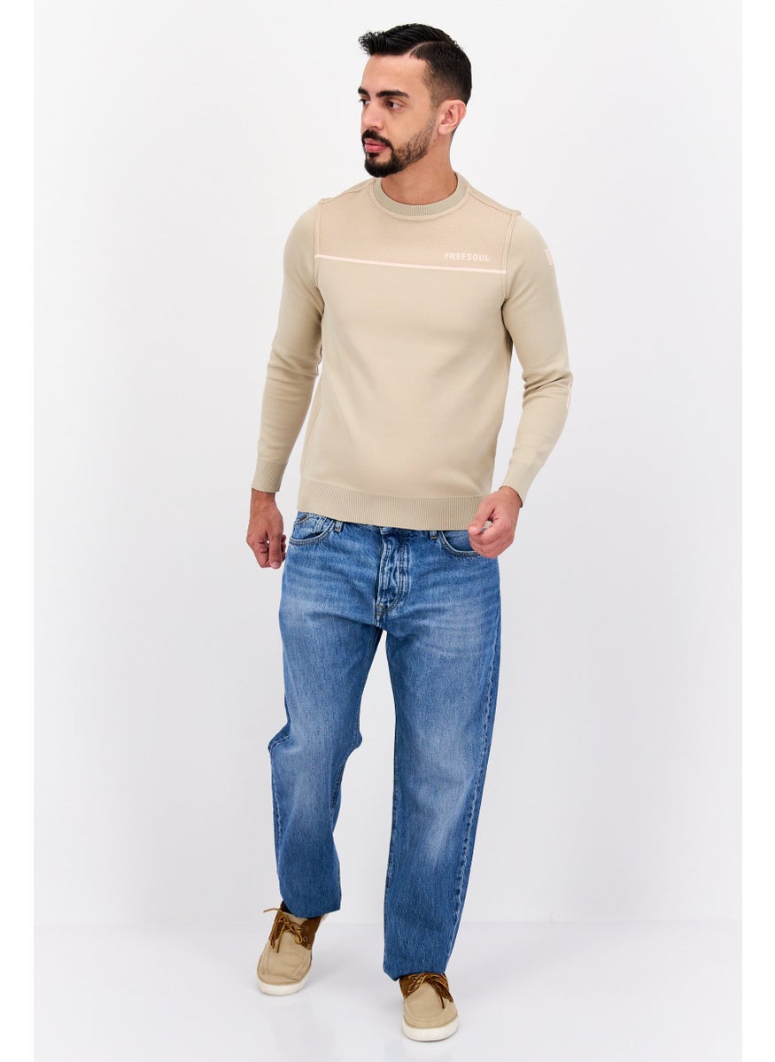 Free Soul Men Crew Neck Long Sleeve Brand Logo Sweatshirt, Beige  - Image 4