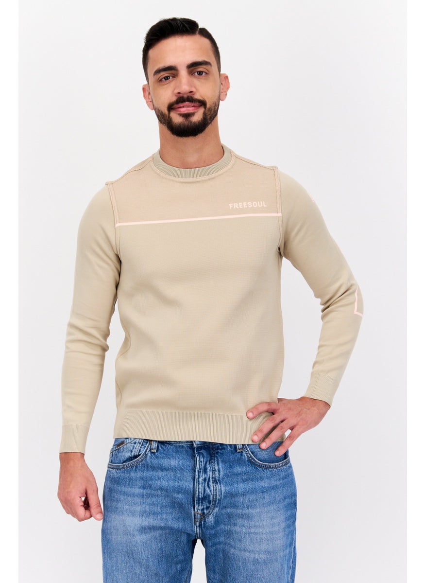 Free Soul Men Crew Neck Long Sleeve Brand Logo Sweatshirt, Beige  - Image 1