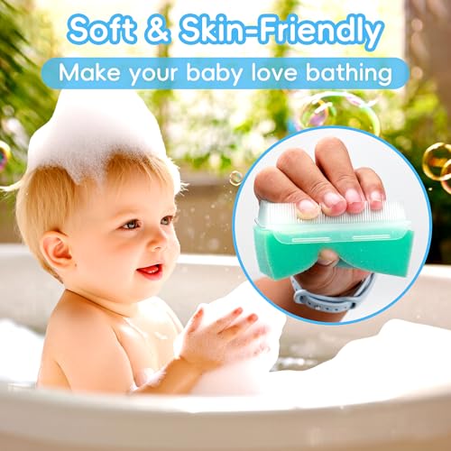 YESYBC Cradle Cap Brush for Babies, Set of 5 Baby Bath Essentials with Bath Sponge Silicone Scrubber Long Handle Comb for Newborns Toddlers Boys Girls (Green) - Image 3