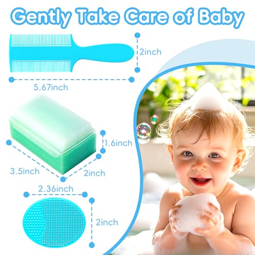 YESYBC Cradle Cap Brush for Babies, Set of 5 Baby Bath Essentials with Bath Sponge Silicone Scrubber Long Handle Comb for Newborns Toddlers Boys Girls (Green) - Image 2