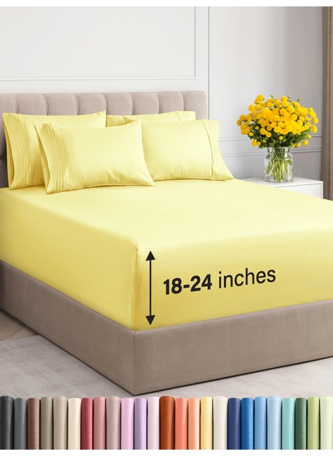 Extra Deep King Sheet Set  6 Piece Breathable  Cooling Sheets  Hotel Luxury Bedding Set w1824 Inch Extra Deep Pockets  Easy  Secure Fit  Super Soft Wrinkle Free and Comfy  Yellow King Size