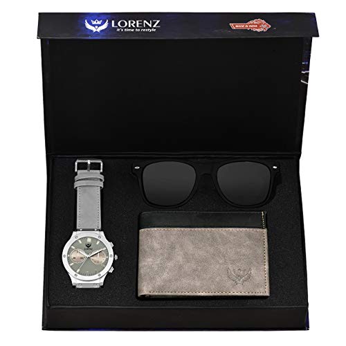 LORENZ Gift Combo Box Of Men's Grey Dial analogue Watch,Grey Wallet & Black Sunglasses|Cm-3032Sn1-Wl-25 - Image 1