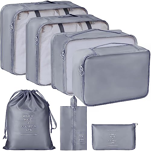 TS WITH TECHSUN Travel Organizer 7 in 1 Travel Laundry Cosmetics Luggage Packing Organizers Set Makeup Bags Organizer Packing Cubes with Shoe Bag for Travel, Nylon (Grey) - Image 1