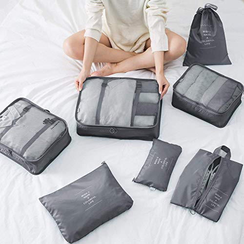 TS WITH TECHSUN Travel Organizer 7 in 1 Travel Laundry Cosmetics Luggage Packing Organizers Set Makeup Bags Organizer Packing Cubes with Shoe Bag for Travel, Nylon (Grey) - Image 4