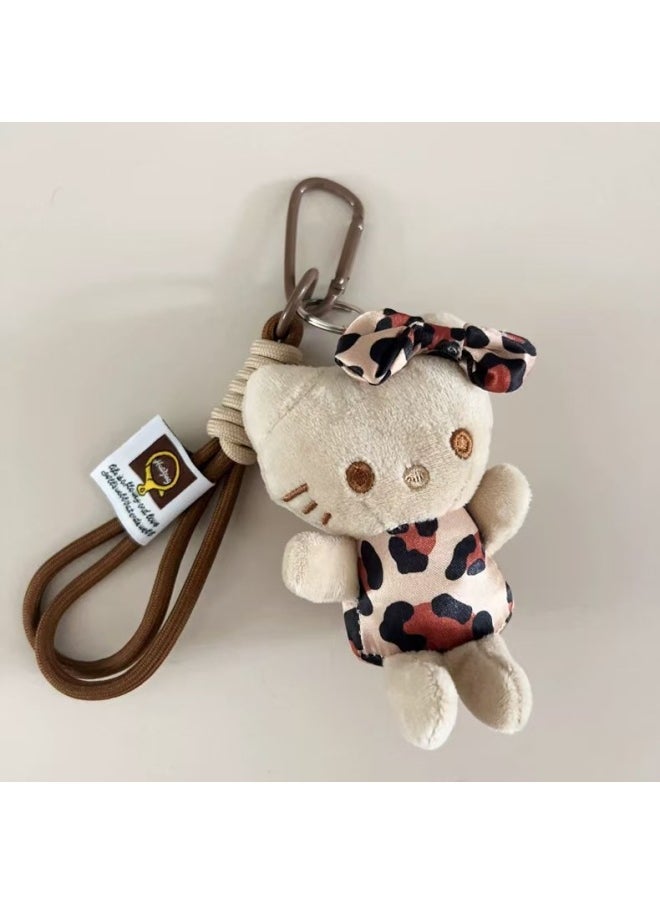 null - Niche Design Leopard Print Kitty Plush Doll Black Leather Pendant Bag KT Bag Doll Keychain Pendant-Color:Leopard Print Kt Cat Bead Chain Style - Image 1