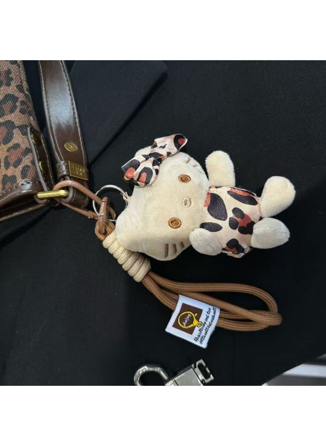 null - Niche Design Leopard Print Kitty Plush Doll Black Leather Pendant Bag KT Bag Doll Keychain Pendant-Color:Leopard Print Kt Cat Bead Chain Style - Image 1