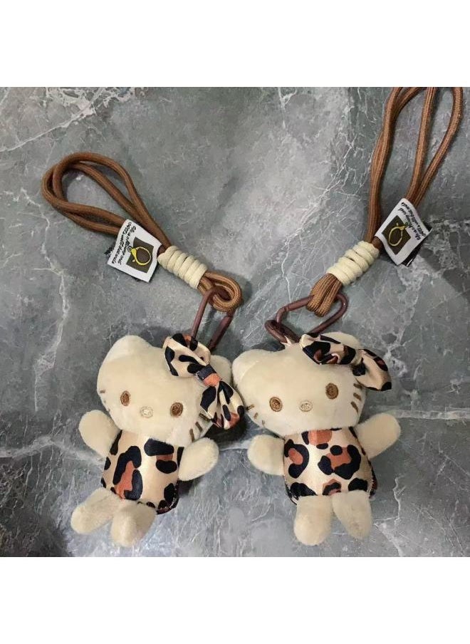 null - Niche Design Leopard Print Kitty Plush Doll Black Leather Pendant Bag KT Bag Doll Keychain Pendant-Color:Leopard Print Kt Cat Bead Chain Style - Image 1