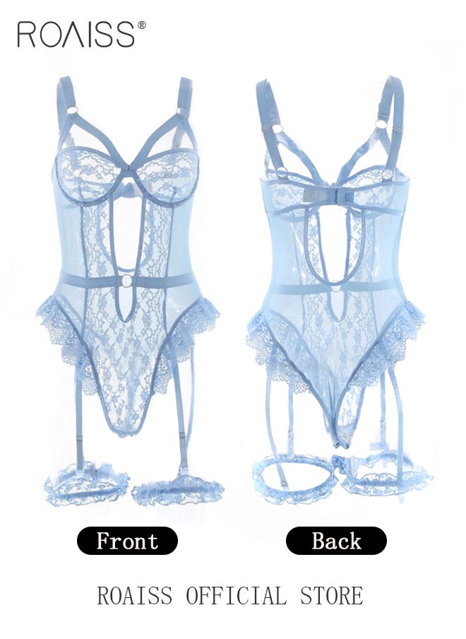 roaiss Women's Underwear Ladies One Piece V Neck Lingerie with Garter Hollow Lace Nightwear Skin Friendly  - Image 1