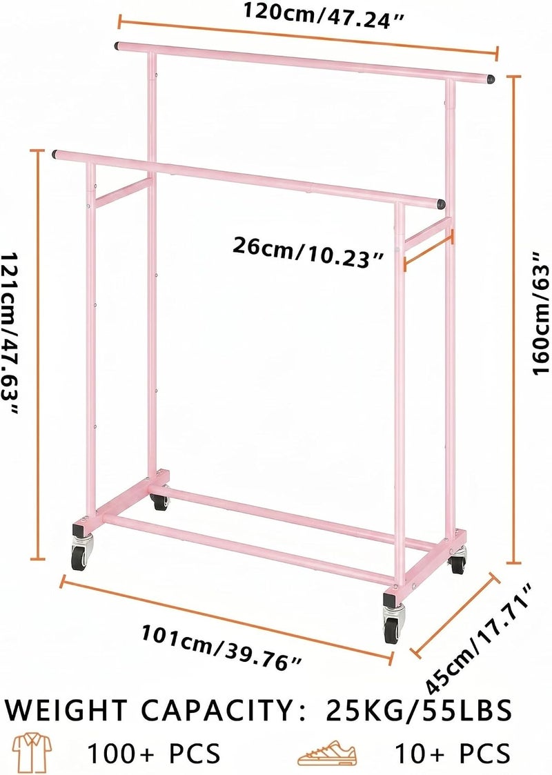 Calmootey Double Rail Clothes Rack, Rolling Clothes Rack, Portable Clothes Organizer for Bedroom, Living Room, Clothing Store, Pink - Image 3