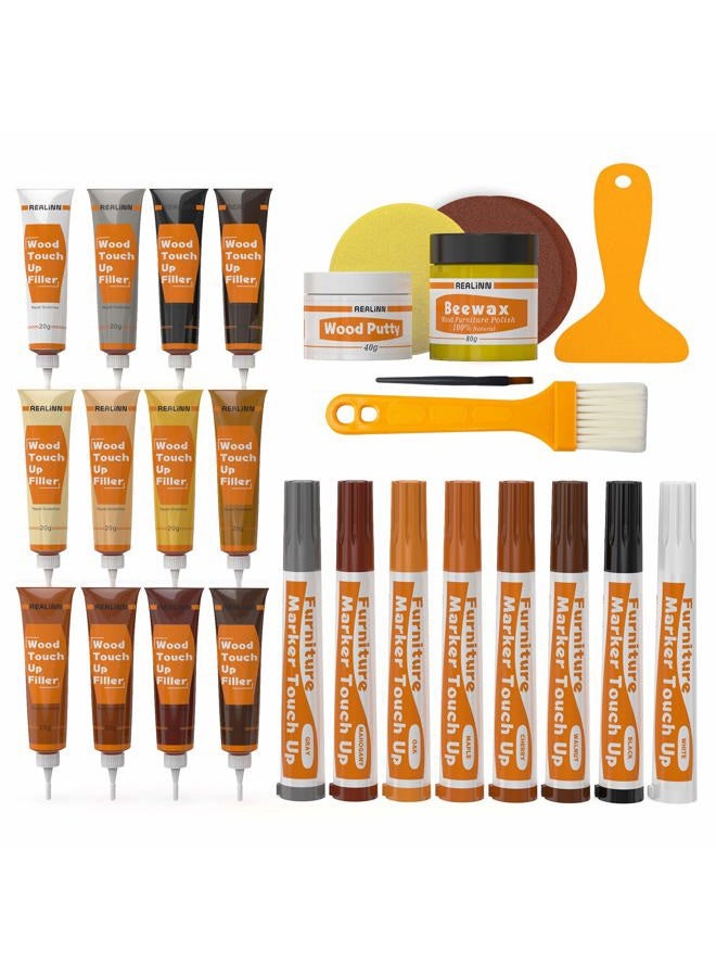 REALINN Wood Furniture Repair Kit- Set of 28 - Touch Up Markers, Fillers with Wood Putty - Repair Scratch, Cracks, Hole, Discoloration for Wooden Door, Floor, Table, Cabinet - Image 1