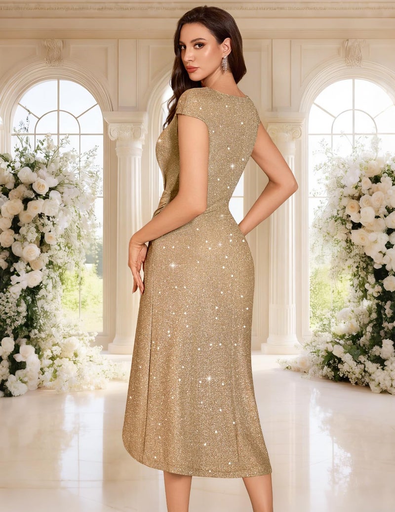 DRESSTELLS Formal Wedding Guest Dresses for Women, 2026 Sequin Cocktail Tea Party Sparkly Bridesmaid Evening Prom Fit Flare Dress Glitter Champagne XL - Image 5