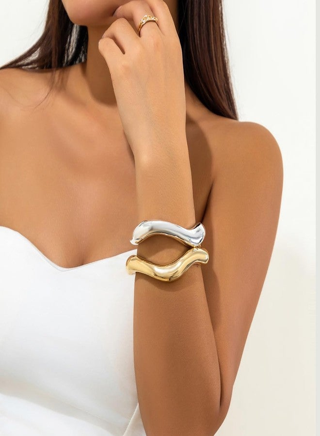 Aaishwarya Shiny Bold Chunky Gold & Silver Plated Anti-Tarnish Wavy Open Cuff Bangle Bracelet Set for Women & Girls | Adjustable Statement Wristwear | Fashion Gift Jewelry (Set of 2) - Image 2