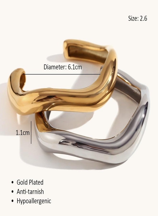 Aaishwarya Shiny Bold Chunky Gold & Silver Plated Anti-Tarnish Wavy Open Cuff Bangle Bracelet Set for Women & Girls | Adjustable Statement Wristwear | Fashion Gift Jewelry (Set of 2) - Image 4