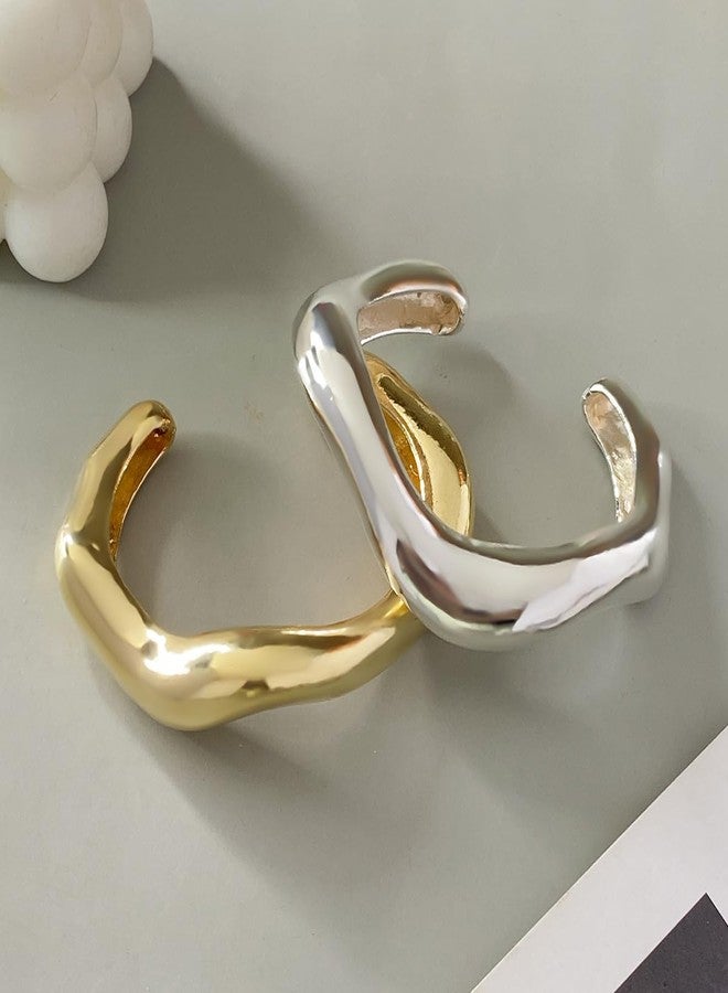 Aaishwarya Shiny Bold Chunky Gold & Silver Plated Anti-Tarnish Wavy Open Cuff Bangle Bracelet Set for Women & Girls | Adjustable Statement Wristwear | Fashion Gift Jewelry (Set of 2) - Image 3