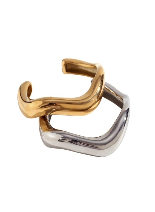 Aaishwarya Shiny Bold Chunky Gold & Silver Plated Anti-Tarnish Wavy Open Cuff Bangle Bracelet Set for Women & Girls | Adjustable Statement Wristwear | Fashion Gift Jewelry (Set of 2) - Image 1