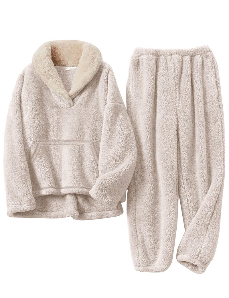 Flygo Girls Fuzzy Pants Set Fleece Outfits Winter Flannel Fluffy Pullover Sweatshirt Top Pants SweatsuitBeigeXL - Image 2