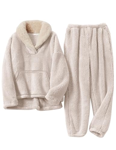 Flygo Girls Fuzzy Pants Set Fleece Outfits Winter Flannel Fluffy Pullover Sweatshirt Top Pants SweatsuitBeigeXL - Image 1