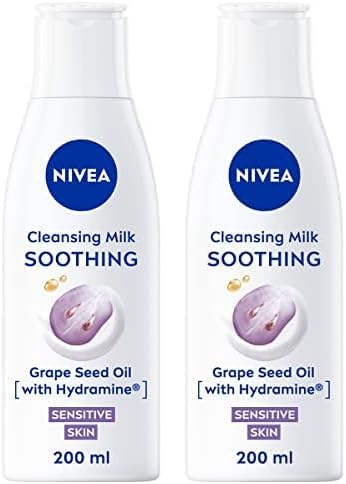 NIVEA Soothing Cleansing Milk 200ml Face Cleanser with Grape Seed Oil and Hydramine Gently Cleanses Without Drying Out Makeup Remover Cleanser for Sensitive Skin Pack of 2