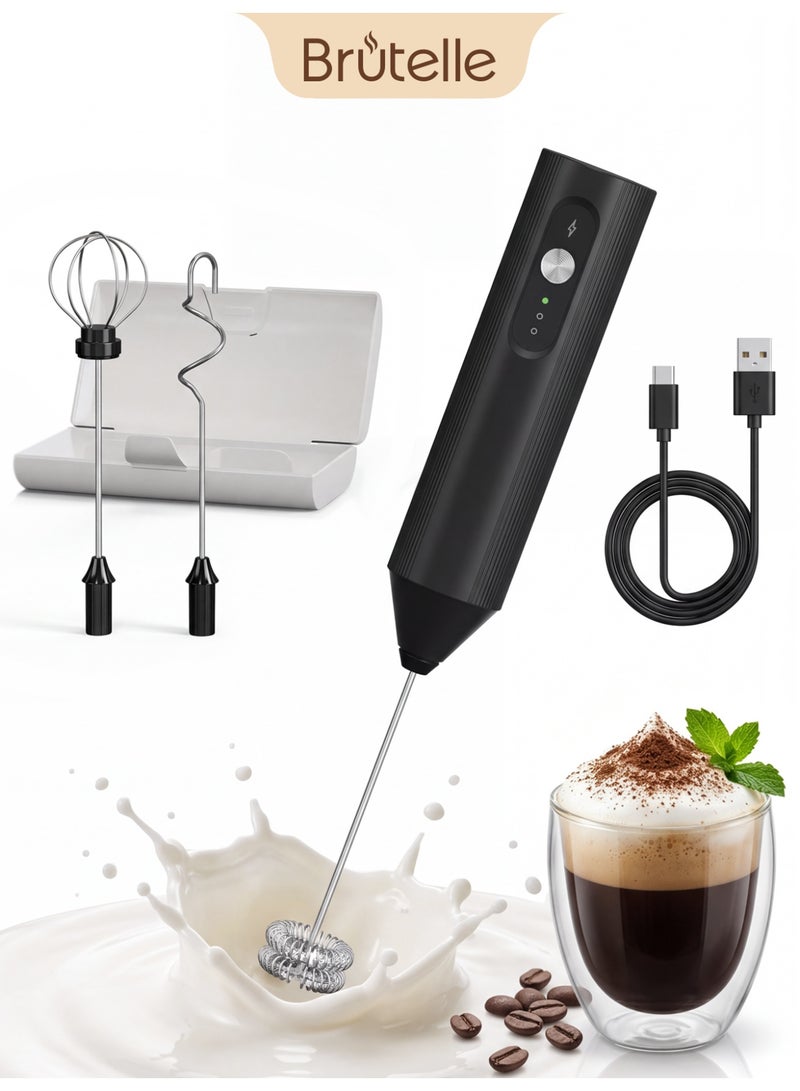 Brutelle 3-Speed Electric Milk Frother Set, USB Rechargeable, Interchangeable Whisks for Frothing/Beating/Blending, Low Noise 30dB with Storage Box Ideal for Coffee Lattes Cappuccinos and Baking - Image 1