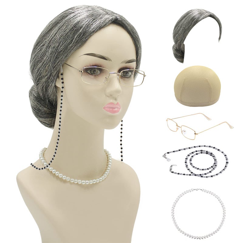 Cupohus Old Lady Costume Set Grandma Wig Granny Wig Cap Madea Granny Glasses Eyeglass Chains Cords Faux Pearl Bead Necklace Women Cosplay Set 5 Pieces (grey bun) - Image 2