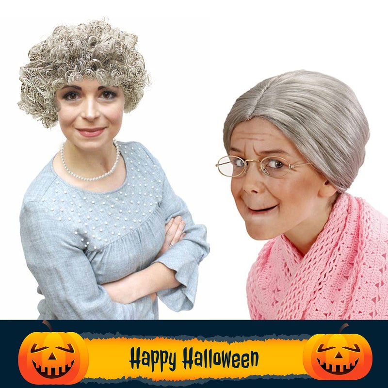 Cupohus Old Lady Costume Set Grandma Wig Granny Wig Cap Madea Granny Glasses Eyeglass Chains Cords Faux Pearl Bead Necklace Women Cosplay Set 5 Pieces (grey bun) - Image 5