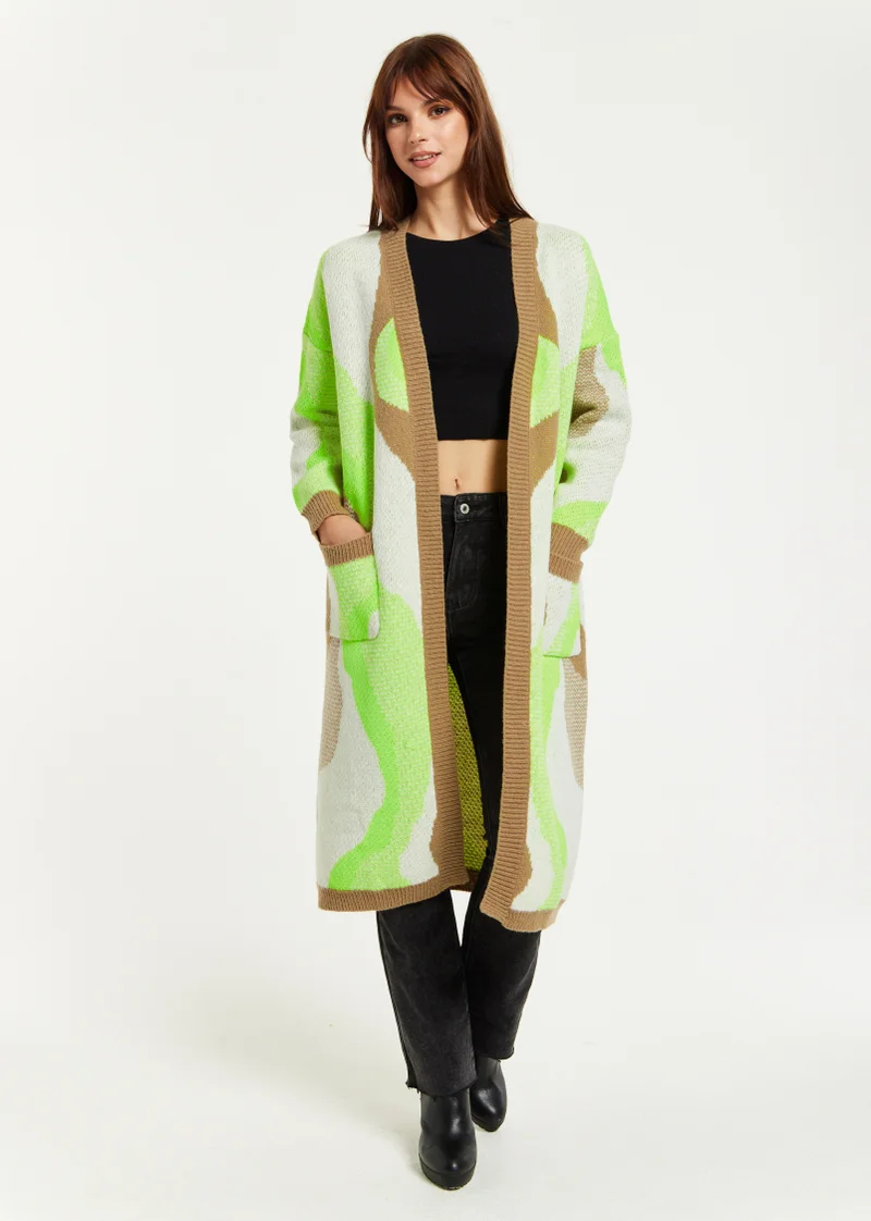 Liquorish Longline Cardigan In Brown and Green