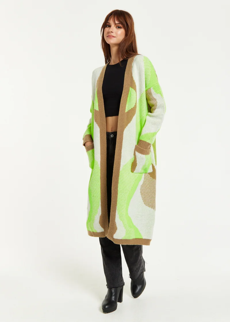 Liquorish Longline Cardigan In Brown and Green
