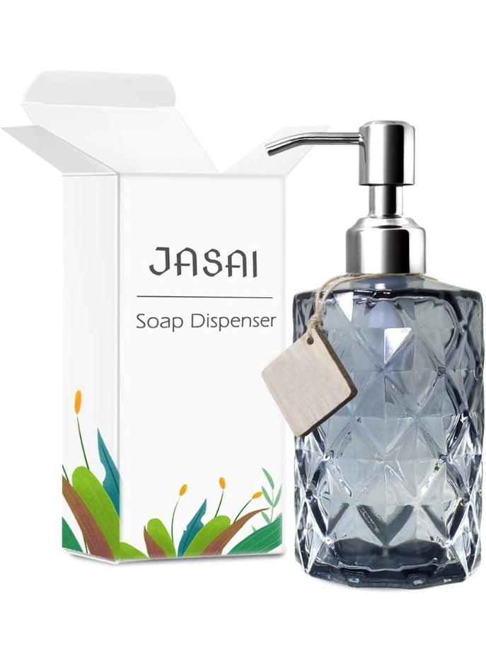 JASAI Diamond Design Glass Soap Dispenser with 304 Rust Proof Stainless Steel Soap Pump, 12 Ounce Kitchen Soap Dispenser for Bathroom, Hand Soap, Dish Soap (Grey) - Image 3