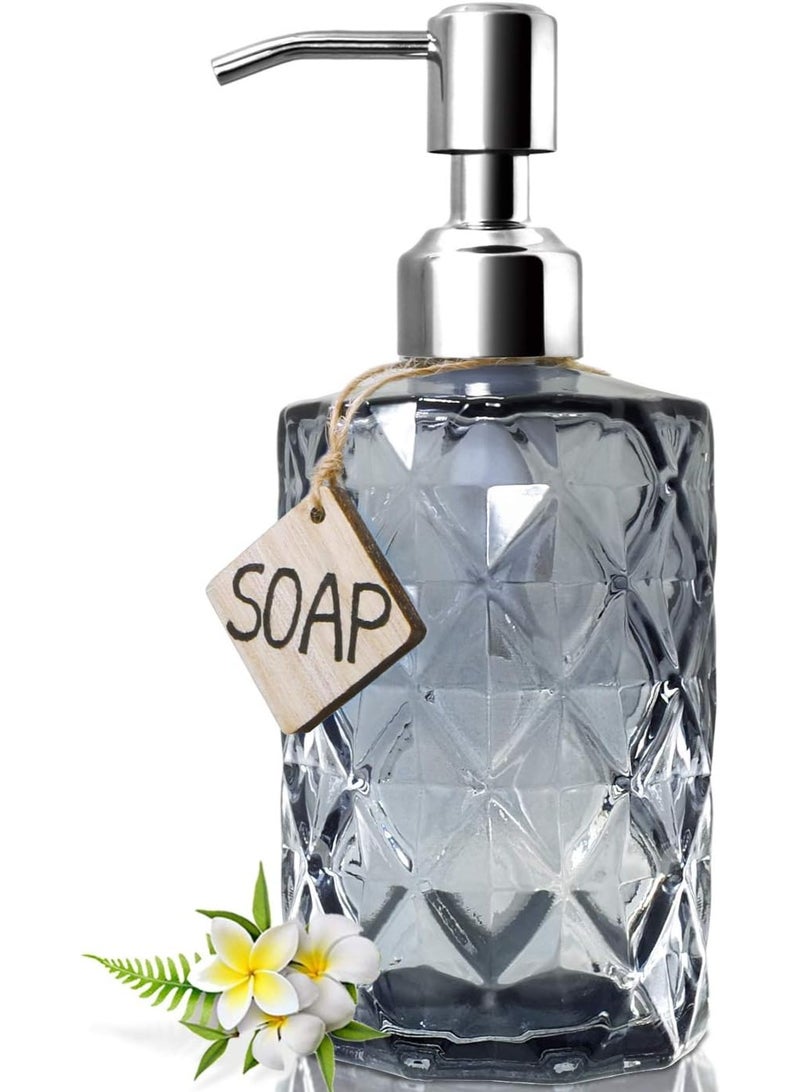 JASAI Diamond Design Glass Soap Dispenser with 304 Rust Proof Stainless Steel Soap Pump, 12 Ounce Kitchen Soap Dispenser for Bathroom, Hand Soap, Dish Soap (Grey) - Image 1