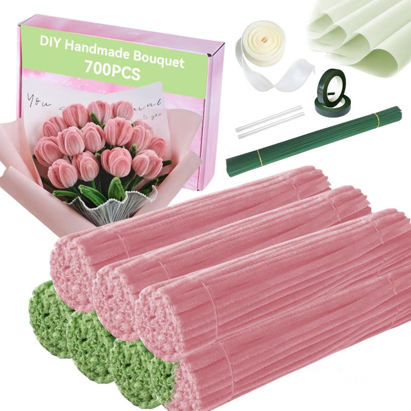 QABCYTA 700pcs (Pink and Green) Tulips Pipe Cleaners, DIY Flower Bouquet Kit Chenille Stems,Flower Making Craft Materials(56Flowers),Art and Craft Supplies - Image 1
