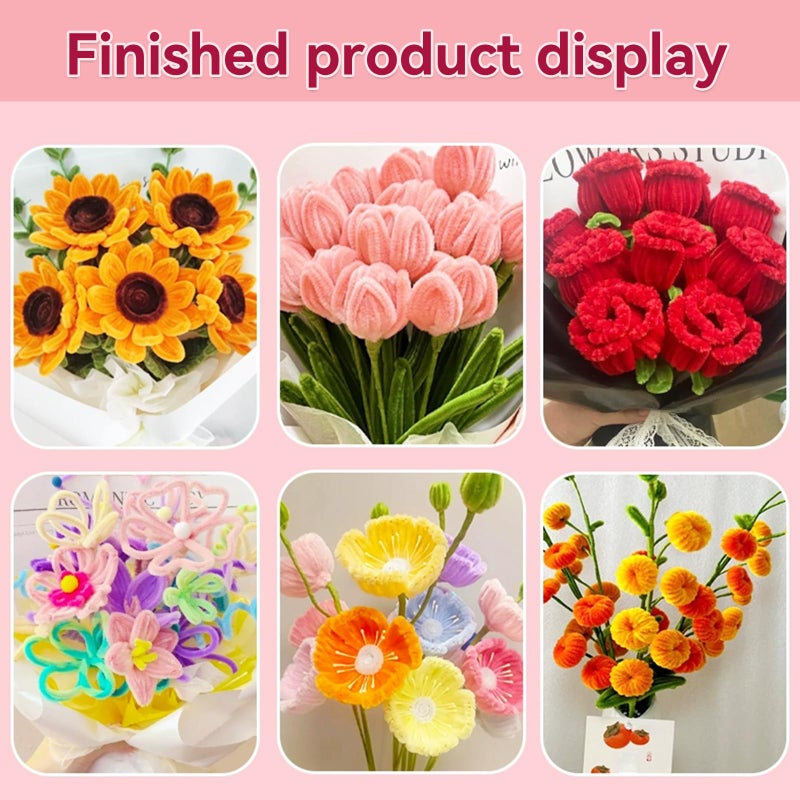 QABCYTA 700pcs (Pink and Green) Tulips Pipe Cleaners, DIY Flower Bouquet Kit Chenille Stems,Flower Making Craft Materials(56Flowers),Art and Craft Supplies - Image 4