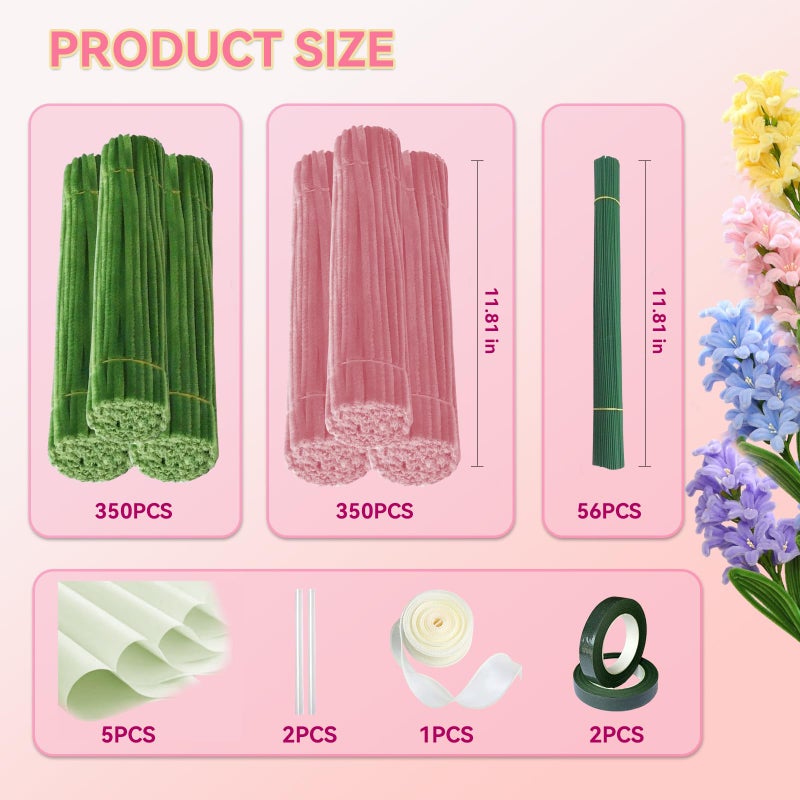 QABCYTA 700pcs (Pink and Green) Tulips Pipe Cleaners, DIY Flower Bouquet Kit Chenille Stems,Flower Making Craft Materials(56Flowers),Art and Craft Supplies - Image 2