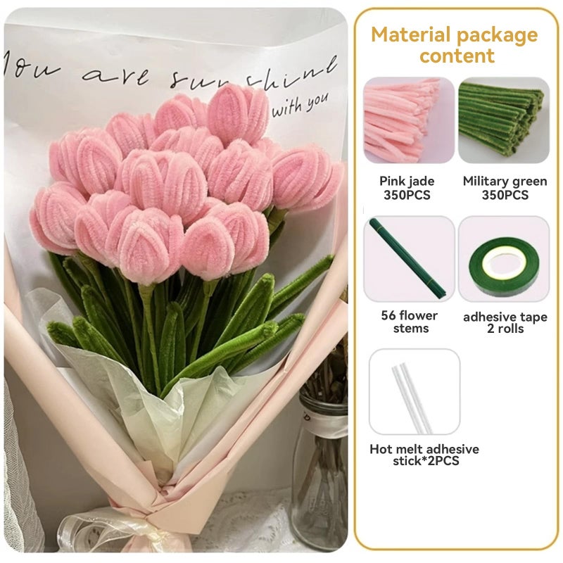 QABCYTA 700pcs (Pink and Green) Tulips Pipe Cleaners, DIY Flower Bouquet Kit Chenille Stems,Flower Making Craft Materials(56Flowers),Art and Craft Supplies - Image 3