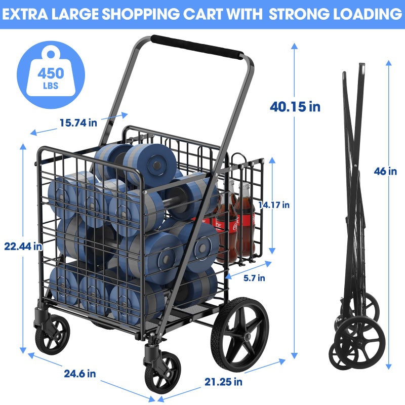 RXUJYC 450lbs Capacity Shopping Cart,Upgrade Huge Grocery Cart on Wheels,Heavy Duty Foldable Utility Shopping Carts with Double Basket and 360Â° Rolling Swivel Wheels for Groceries Laundry Transport 1 - Image 2