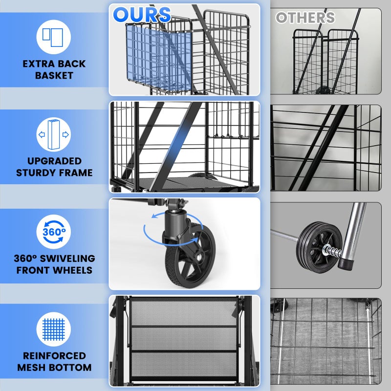 RXUJYC 450lbs Capacity Shopping Cart,Upgrade Huge Grocery Cart on Wheels,Heavy Duty Foldable Utility Shopping Carts with Double Basket and 360Â° Rolling Swivel Wheels for Groceries Laundry Transport 1 - Image 3