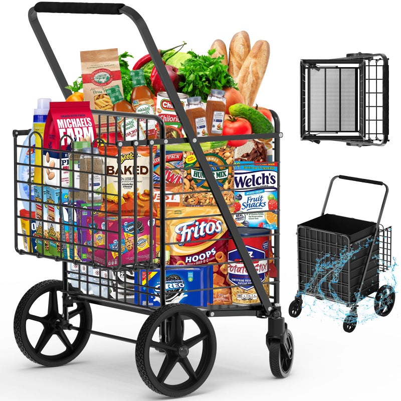 RXUJYC 450lbs Capacity Shopping Cart,Upgrade Huge Grocery Cart on Wheels,Heavy Duty Foldable Utility Shopping Carts with Double Basket and 360Â° Rolling Swivel Wheels for Groceries Laundry Transport 1 - Image 1
