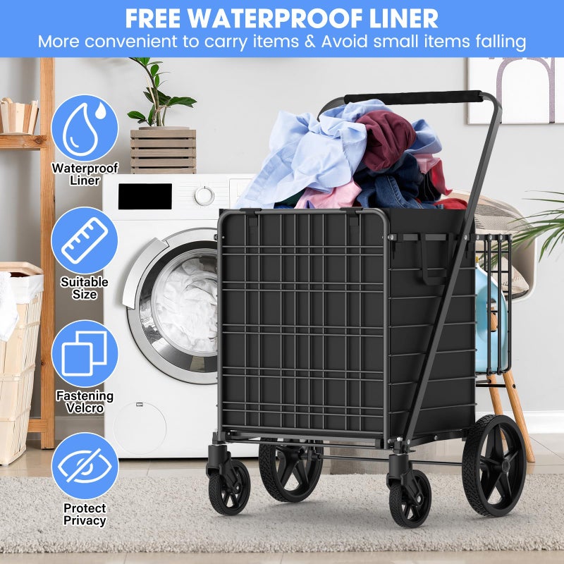RXUJYC 450lbs Capacity Shopping Cart,Upgrade Huge Grocery Cart on Wheels,Heavy Duty Foldable Utility Shopping Carts with Double Basket and 360Â° Rolling Swivel Wheels for Groceries Laundry Transport 1 - Image 4