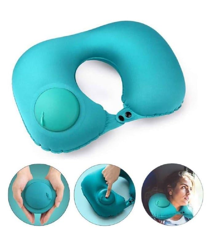 SHOPECOM Button Travel Neck Pillow Portable Push Type Automatic Inflatable UShaped Pillow Neck Rest Travel Press Button Neck Pillow for Outdoor Travelling Air Cushion Self Inflating Button - Image 3