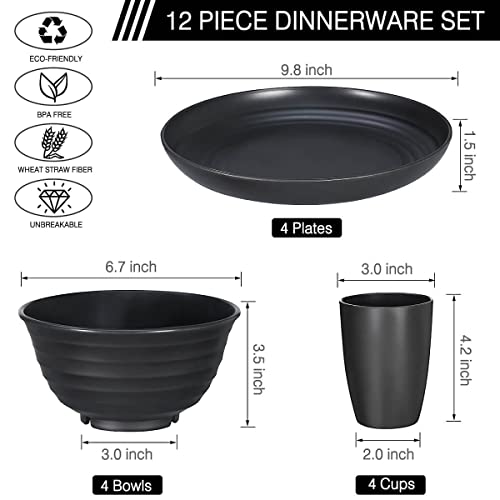 Wwyybfk 12pcs Plastic Wheat Straw Dinnerware Sets, Wheat Straw Plates and Bowls Sets for 4 College Dorm Room Essentials Microwave Dishwasher Safe (Black) - Image 2