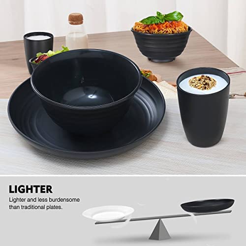 Wwyybfk 12pcs Plastic Wheat Straw Dinnerware Sets, Wheat Straw Plates and Bowls Sets for 4 College Dorm Room Essentials Microwave Dishwasher Safe (Black) - Image 3
