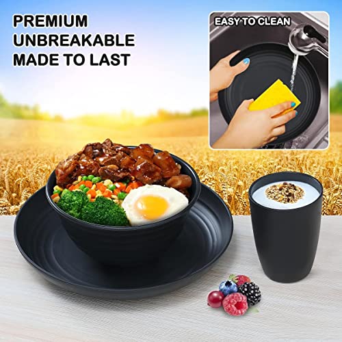 Wwyybfk 12pcs Plastic Wheat Straw Dinnerware Sets, Wheat Straw Plates and Bowls Sets for 4 College Dorm Room Essentials Microwave Dishwasher Safe (Black) - Image 4