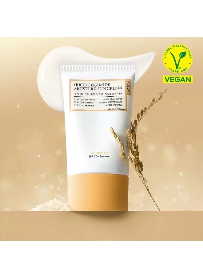 فولي واقي شمس FULLY Rice Ceramide المرطب SPF50 PA، كريم شمس كوري نباتي مرطب 50 مل، حماية يومية ضد الأشعة فوق البنفسجية غير دهنية للوجه وكل أنواع البشرة - Image 1