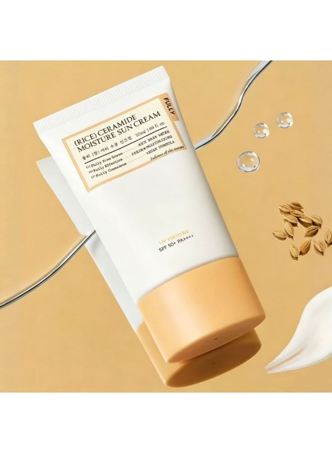 فولي واقي شمس FULLY Rice Ceramide المرطب SPF50 PA، كريم شمس كوري نباتي مرطب 50 مل، حماية يومية ضد الأشعة فوق البنفسجية غير دهنية للوجه وكل أنواع البشرة - Image 4