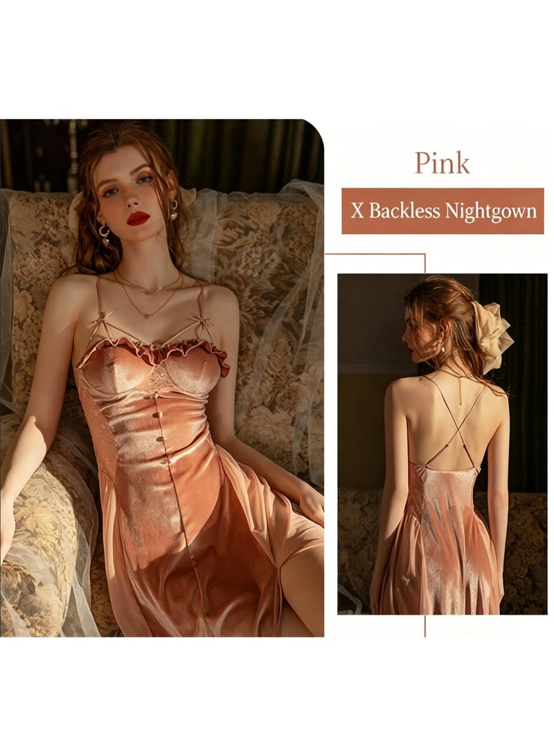 Women's  Velvet Nightdress, Lace Trim Cross-Back Slit Chemise, Elegant Sexy Lingerie Slip Dress for Bedroom & Loungewear